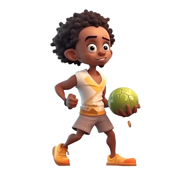 Foto renderização 3d de um menino afro-americano com uma bola isolada em fundo branco