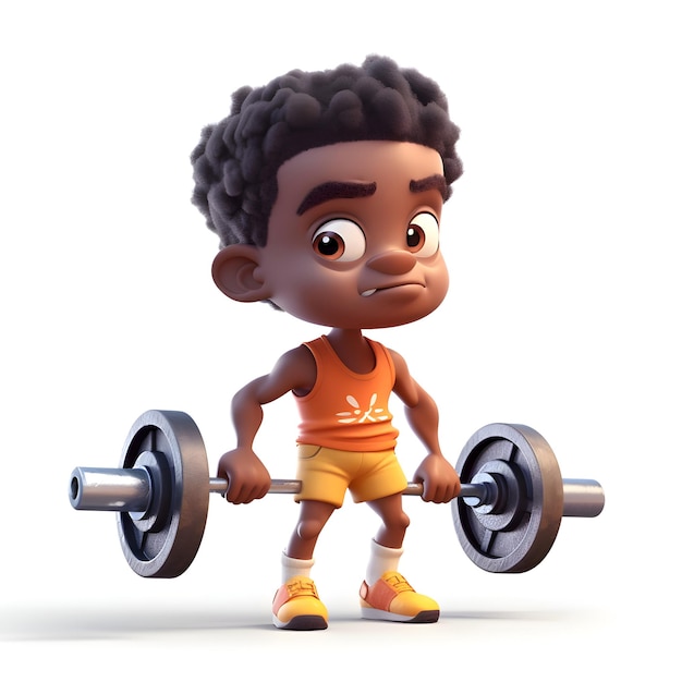 Renderização 3D de um menino afro-americano levantando uma barra