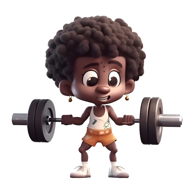 Renderização 3D de um menino afro-americano levantando uma barra