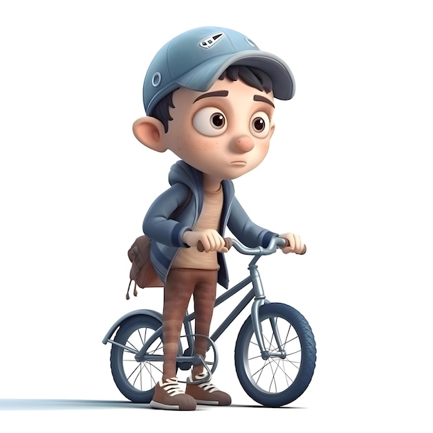 Renderização 3D de um menino andando de bicicleta em fundo branco