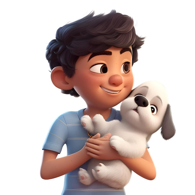 Foto renderização 3d de um menino bonito com seu cão isolado em fundo branco