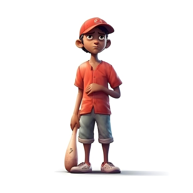 Renderização 3D de um menino bonito com um taco de beisebol