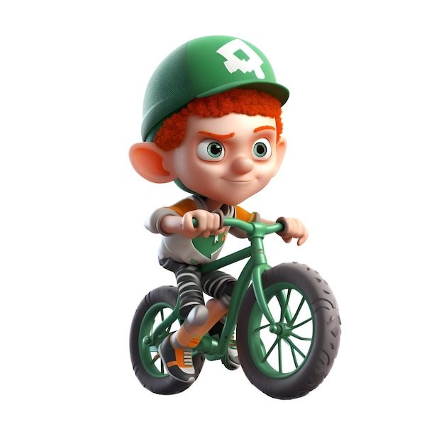 Renderização 3D de um menino com boné verde andando de bicicleta