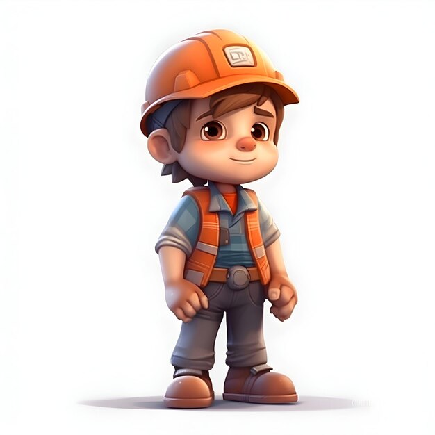 Foto renderização 3d de um menino com capacete e macacão de trabalho