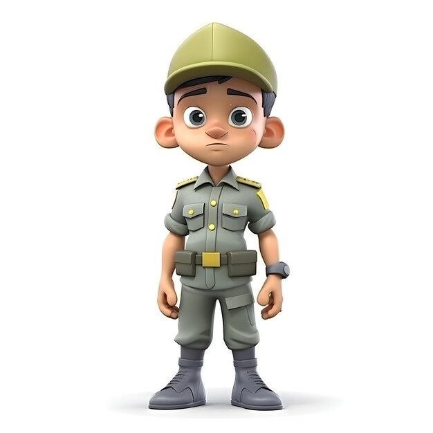 Foto renderização 3d de um menino com chapéu e uniforme do exército