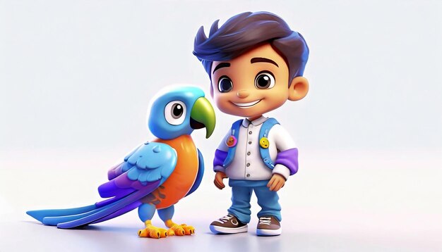 Renderização 3D de um menino com papagaio