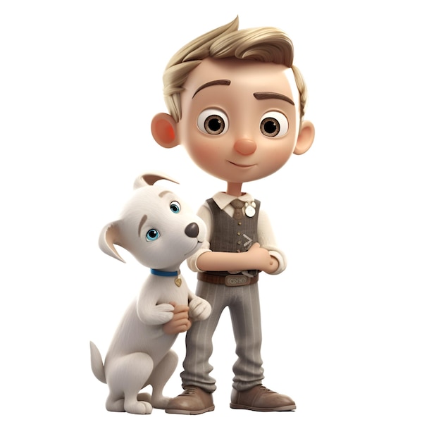 Renderização 3D de um menino com um cachorro em um fundo branco