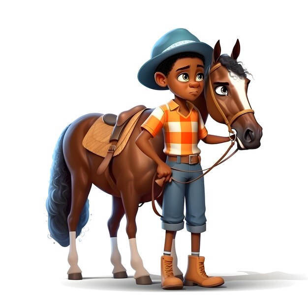 Foto renderização 3d de um menino com um cavalo em fundo branco