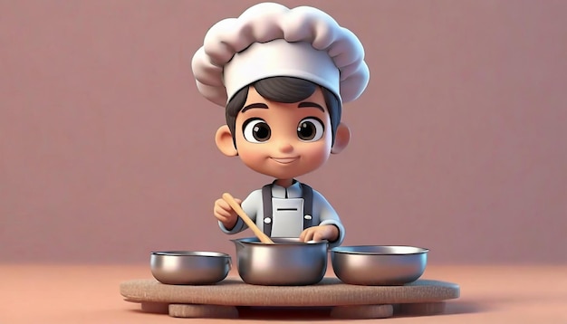 Renderização 3D de um menino com um chapéu de chef cozinhando