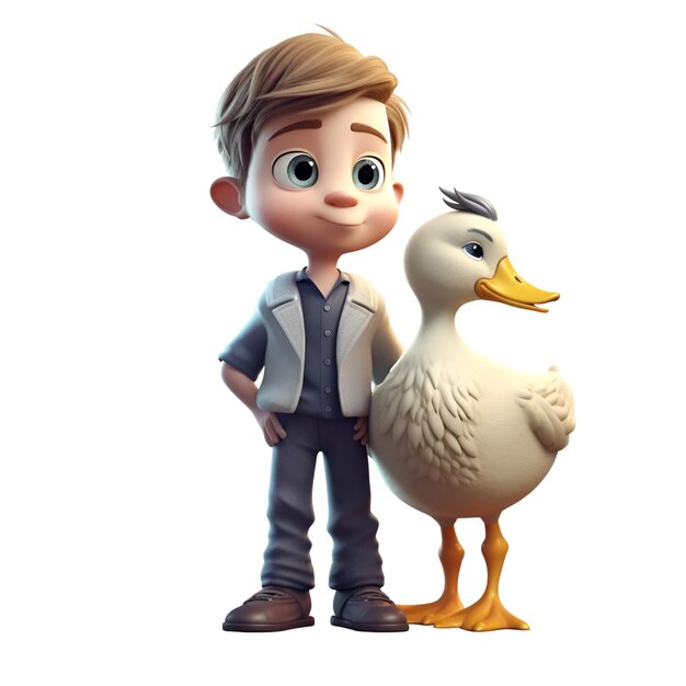 renderização 3D de um menino com um pato isolado no fundo branco