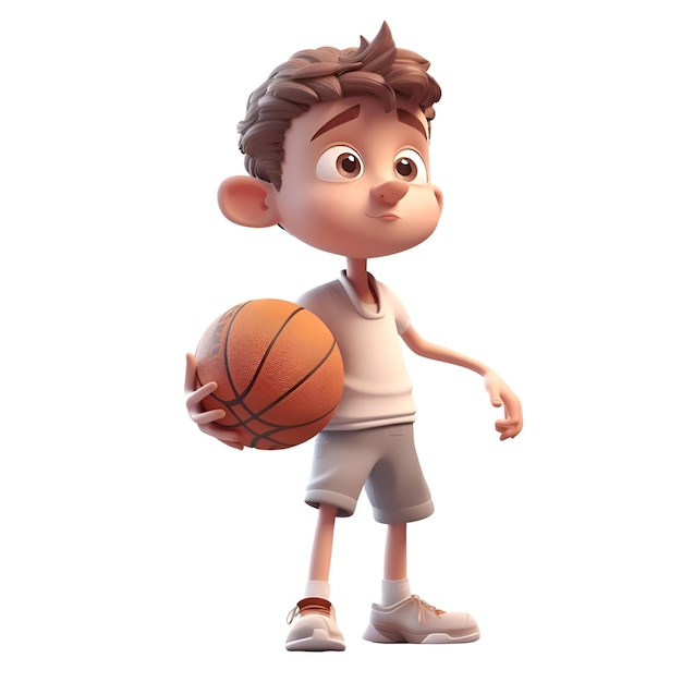 Renderização 3D de um menino com uma bola de basquete nas mãos