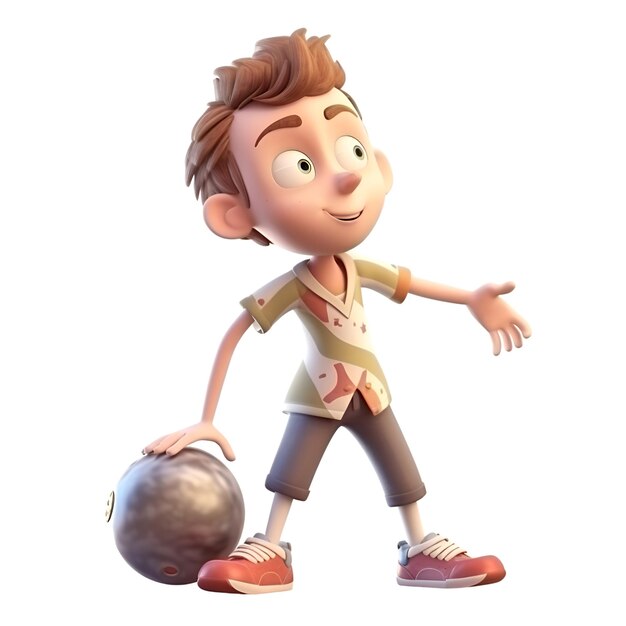 Foto renderização 3d de um menino com uma bola de boliche na mão