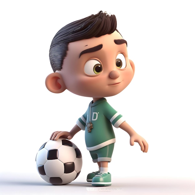 Foto renderização 3d de um menino com uma bola de futebol isolada em fundo branco