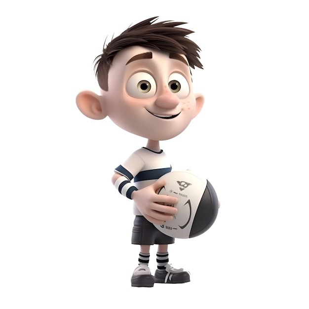 Renderização 3D de um menino com uma bola de rugby isolada em branco