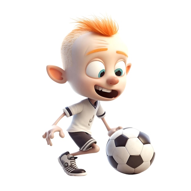 Renderização 3D de um menino de desenho animado jogando futebol com uma bola