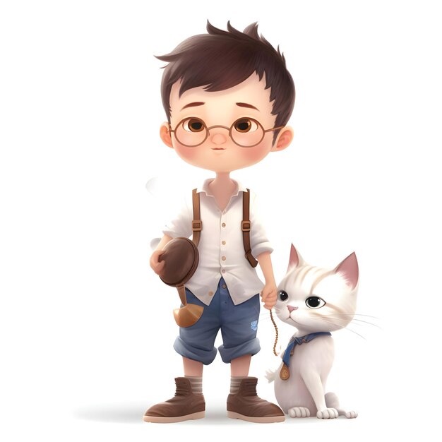 Renderização 3d de um menino e um gato com fundo branco isolado