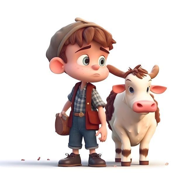 Renderização 3D de um menino e uma linda vaca