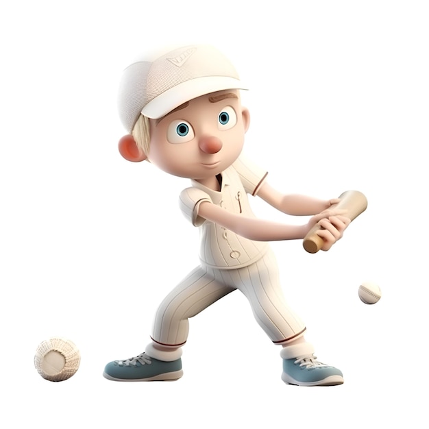 Renderização 3D de um menino jogador de beisebol em fundo branco com caminho de corte