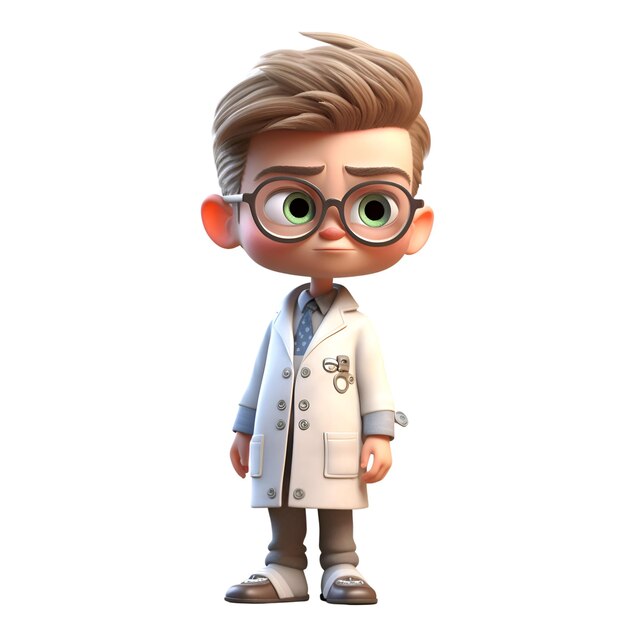 Renderização 3D de um menino médico com óculos e jaleco branco