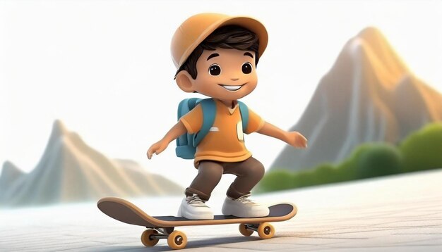 Renderização 3D de um menino montando skate em fundo branco