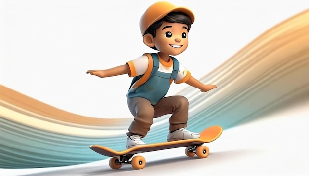 Renderização 3D de um menino montando skate em fundo branco