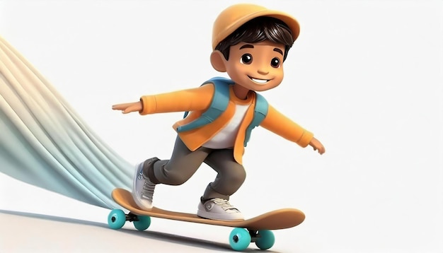 Renderização 3D de um menino montando skate em fundo branco