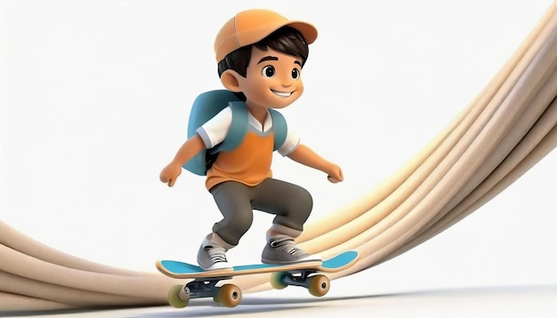 Renderização 3D de um menino montando skate em fundo branco