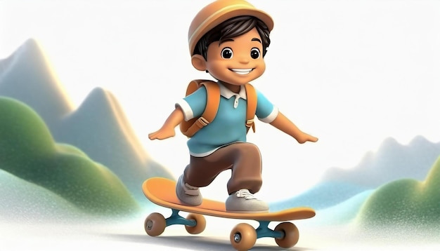 Renderização 3D de um menino montando skate em fundo branco