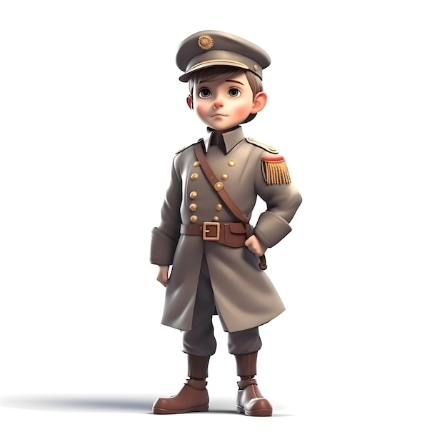 Renderização 3D de um menino vestido de soldado em fundo branco