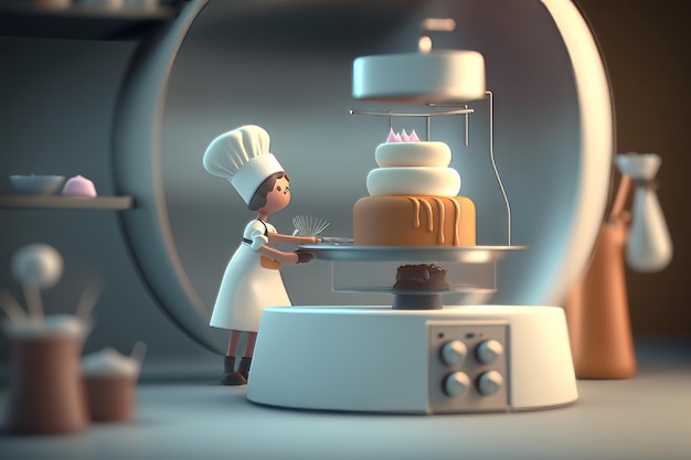 renderização 3D de um mini chef feminino com um bolo no laboratório Generative AI