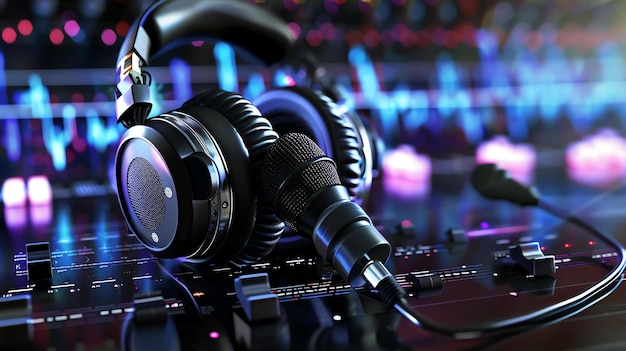 Foto renderização 3d de um mixer de dj com fones de ouvido e microfone o mixer é iluminado por luzes coloridas