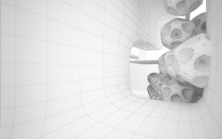 Foto renderização 3d de um modelo 3d de um crânio com uma grade ao fundo