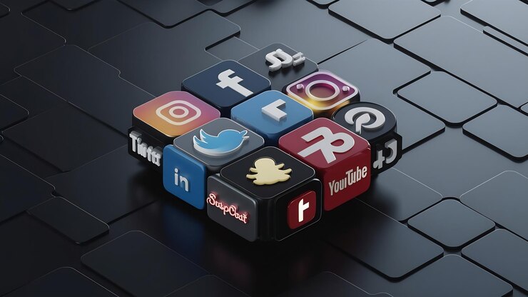 Foto renderização 3d de um monte de logos quadrados dos principais aplicativos de mídia social