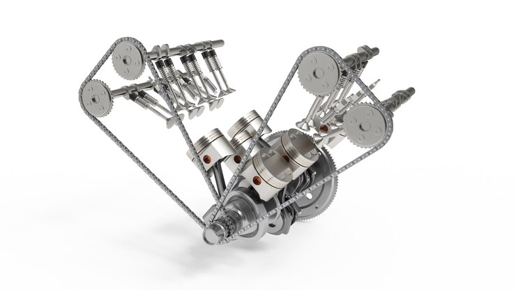 Foto renderização 3d de um motor de combustão interna. peças do motor, virabrequim, pistões, sistema de abastecimento de combustível. pistões do motor v6 com virabrequim isolado em branco. ilustração do motor do carro para dentro.