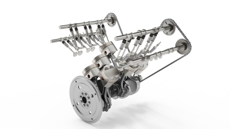 Foto renderização 3d de um motor de combustão interna. peças do motor, virabrequim, pistões, sistema de abastecimento de combustível. pistões do motor v6 com virabrequim isolado em branco. ilustração do motor do carro para dentro.