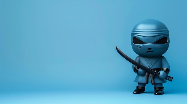 Foto renderização 3d de um ninja azul bonito o ninja está usando uma máscara preta e uma roupa azul ele também está segurando uma espada