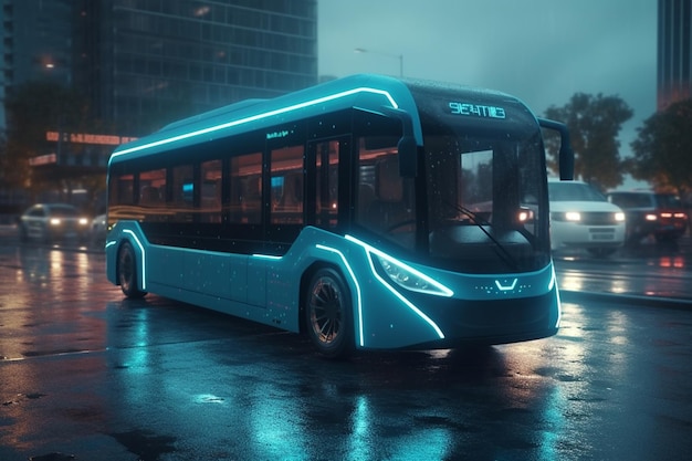 renderização 3D de um ônibus elétrico moderno na cidade à noite generative ai