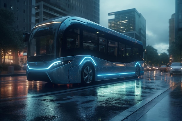 renderização 3D de um ônibus elétrico moderno na cidade à noite generative ai