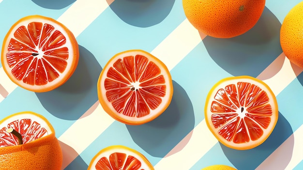 Renderização 3D de um padrão sem costura de laranjas de sangue frescas, suculentas e maduras com fatias em um fundo azul