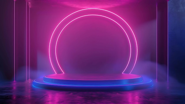 Renderização 3D de um palco com um círculo brilhante e luzes de néon O palco está vazio e tem um fundo escuro