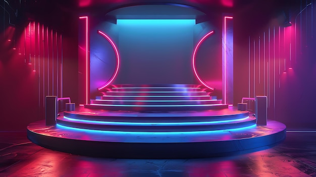 Renderização 3D de um palco com uma luz de néon azul e rosa O palco é feito de metal e tem três degraus Há uma grande tela atrás do palco