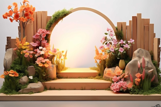 Renderização 3D de um palco decorado com flores e plantas para uma cerimônia de casamento