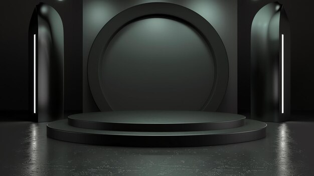 Renderização 3D de um palco escuro e misterioso O palco é feito de metal preto e tem uma plataforma circular no centro