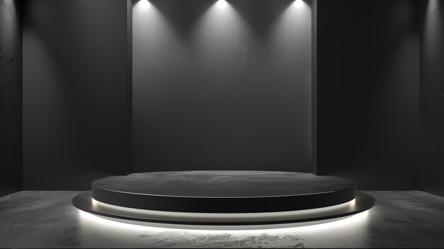 Renderização 3D de um palco escuro e vazio com um spotlight O palco é feito de mármore preto e tem uma superfície refletora