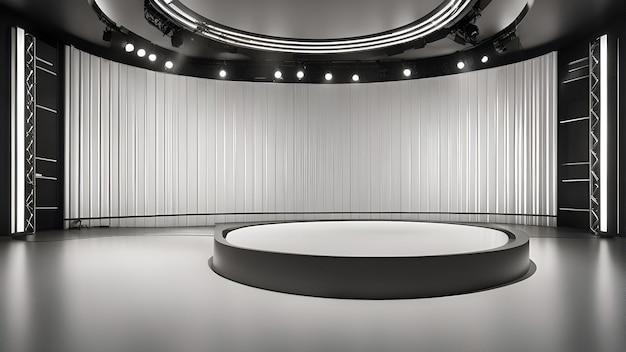 Renderização 3D de um palco redondo em um estúdio com cortinas brancas