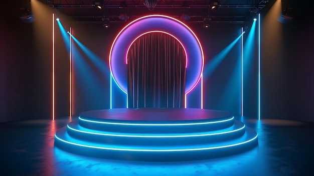 Renderização 3D de um palco vazio com uma moldura circular brilhante e spotlights