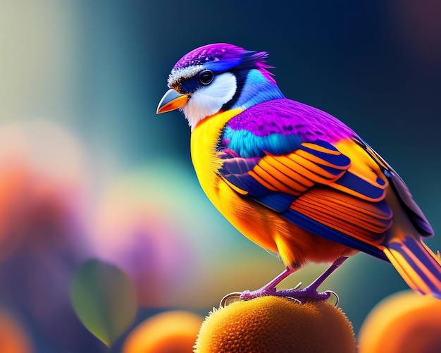 renderização 3D de um pássaro colorido em um fundo da natureza