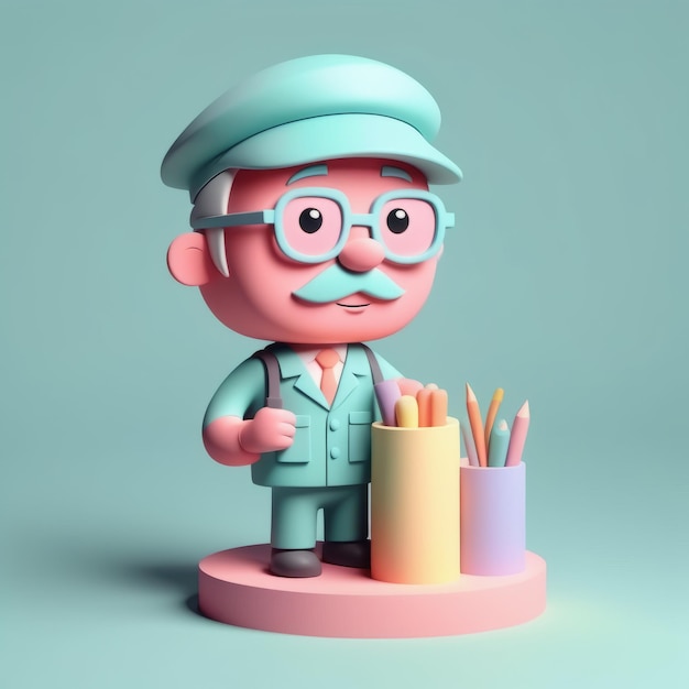 Renderização 3D de um personagem bonito com óculos e um boné Renderização 3D de um personagem bonito com óculos