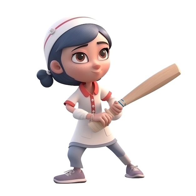 Renderização 3D de um personagem de desenho animado com boné de beisebol e taco de beisebol