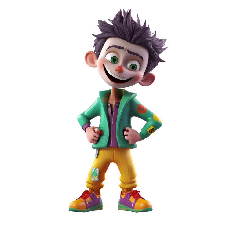 Foto renderização 3d de um personagem de desenho animado com jaqueta verde e jeans